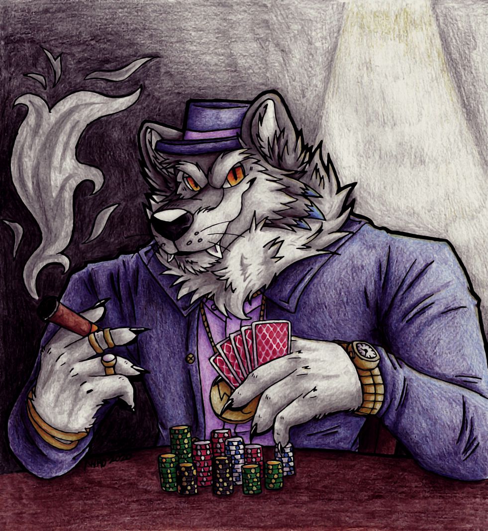 A Game of Poker (2020) by kstreetalley, animal, anthro, canine, character, drawing, traditional, wolf